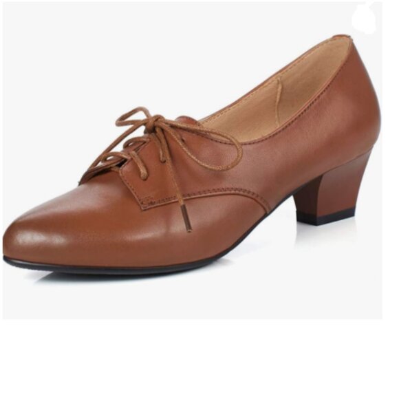 FOWT Brown Comfort Lace-Up Loafer Pointed Toe Block Low Heel Tie Up Slip-on Pump - Picture 1 of 8